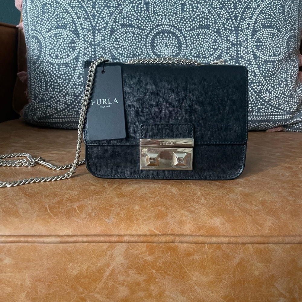 Furla Black Crossbody Bag with Silver Chain Strap